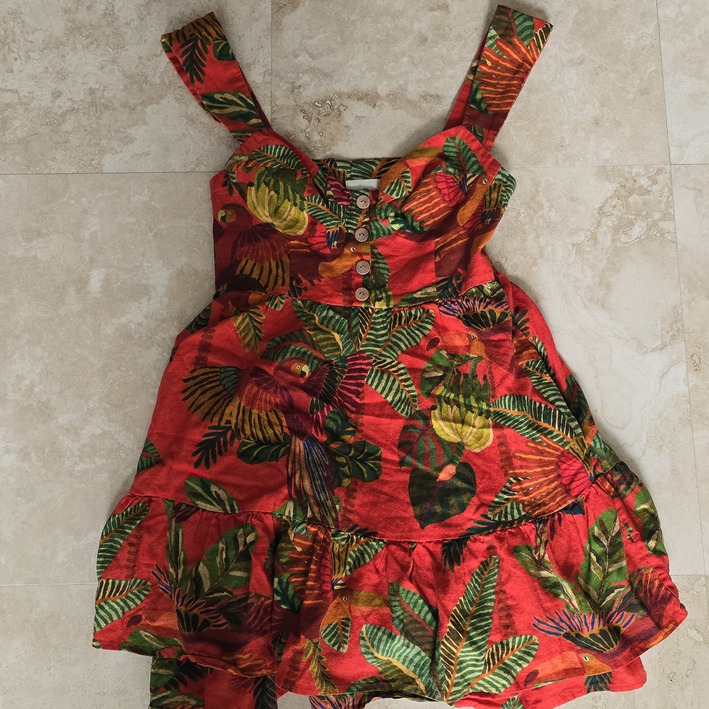 Farm Rio Red Forest Birds Leaf Mini Dress - Line Sundresss